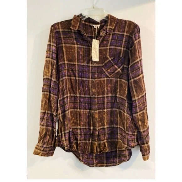 MYSTREE Washed Plaid Flannel Top - Picture 6 of 8